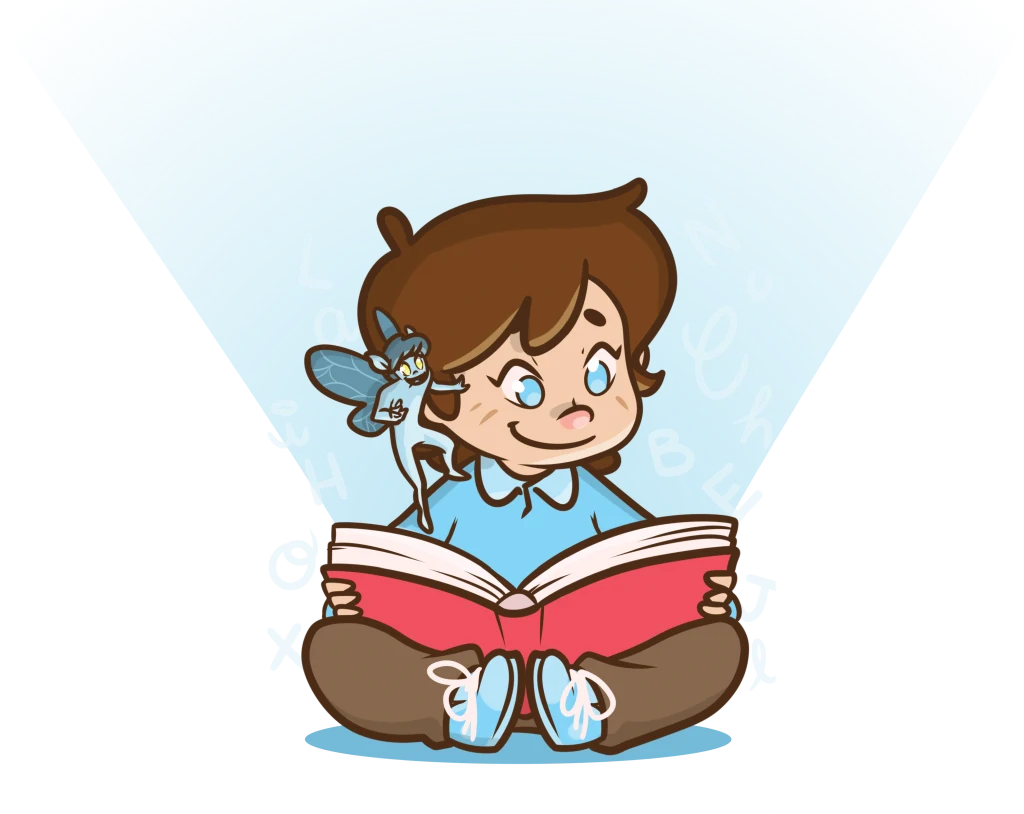Sara sitting cross-legged with an open book, the Pooka perched on the page